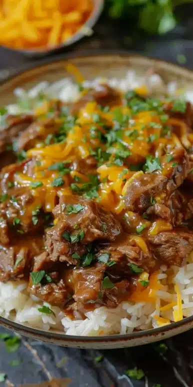 Garlic Butter Beef and Cheddar Rice