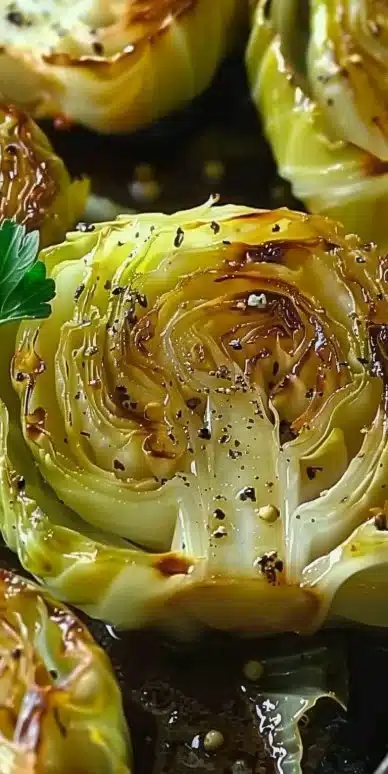 Garlic Butter Roasted Cabbage served on a plate, garnished with herbs.