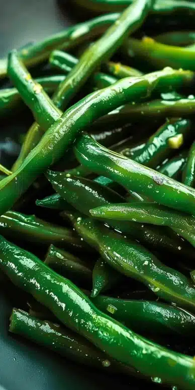 Plate of garlic lemon green beans garnished and ready to serve.