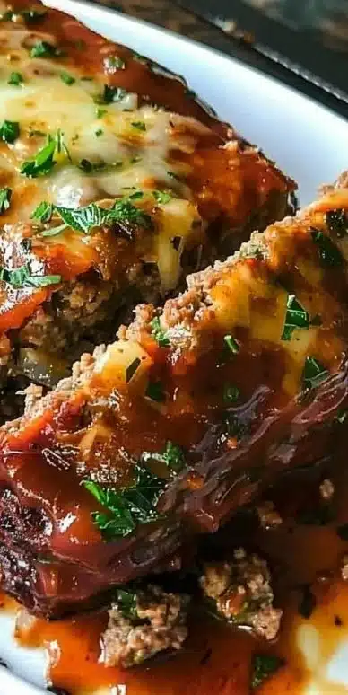 Delicious Garlic Parmesan Meatloaf served on a plate with garnish