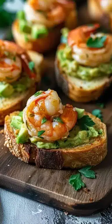 Delicious Garlic Shrimp Crostini topped with fresh avocado on a rustic baguette.