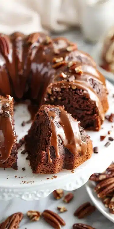 Delicious German Chocolate Pecan Pound Cake with chocolate icing and pecans