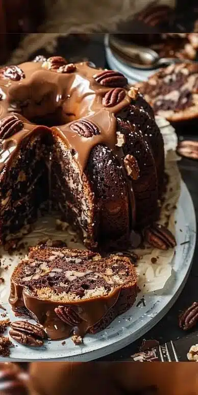 Slice of German Chocolate Pecan Pound Cake with chocolate frosting and pecans