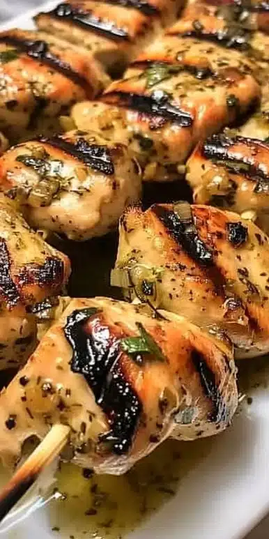 Marinated Greek Chicken Souvlaki skewers ready for grilling