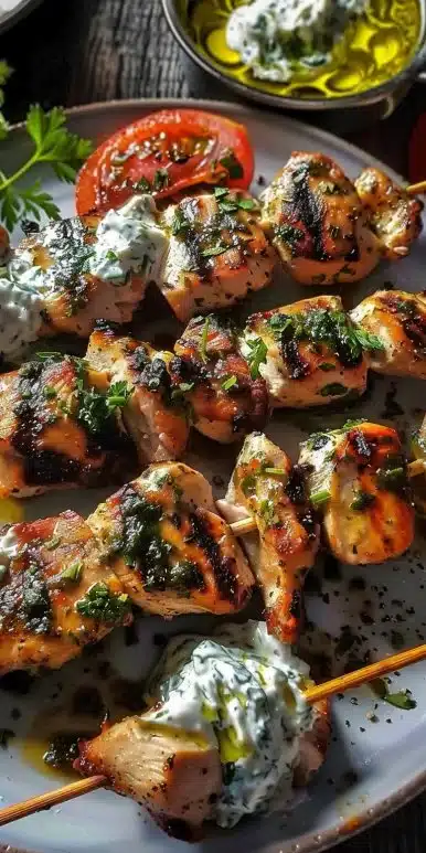 Delicious Greek chicken souvlaki skewers served with tzatziki sauce.