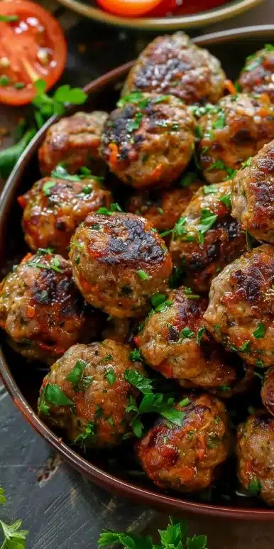 Plate of flavorful Greek meatballs garnished with herbs
