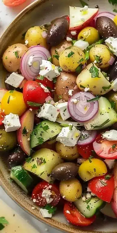 Delicious Greek potato salad with fresh vegetables and herbs