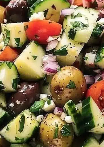 A bowl of Greek potato salad with fresh vegetables and herbs