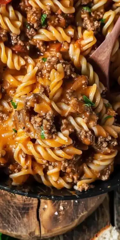 Delicious ground beef pasta dish served in a bowl with fresh herbs.