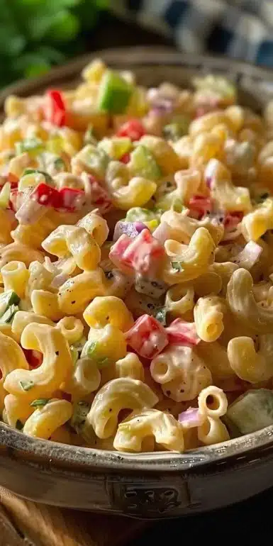 Delicious macaroni salad recipe by Guy Fieri served in a bowl