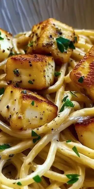 Delicious Halloumi Carbonara dish topped with cheese and herbs