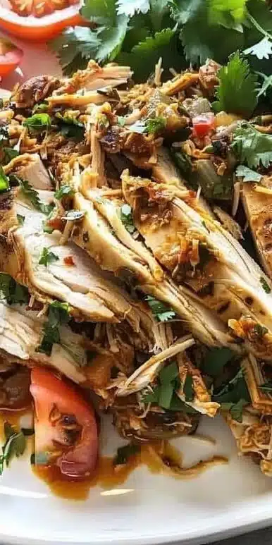 Slow cooker chicken shawarma with spices and fresh ingredients on a plate