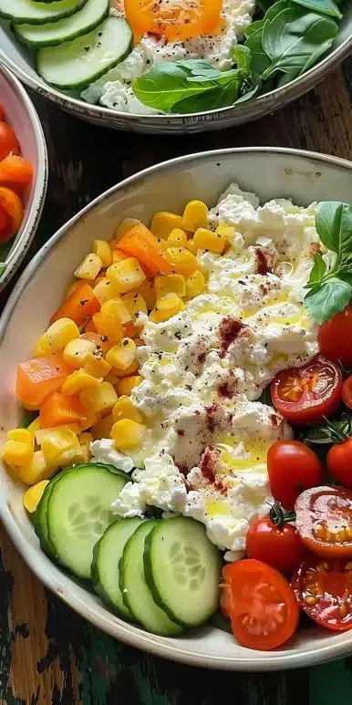 Healthy cottage cheese dinner bowls with colorful ingredients and toppings