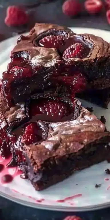 Heart-shaped brownies with raspberry swirl decoration on a plate