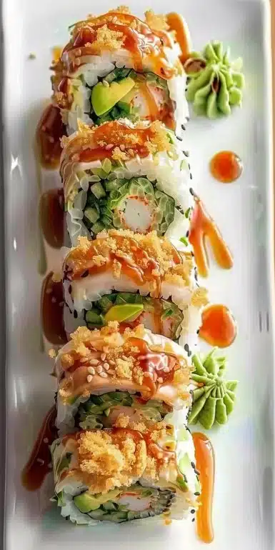 Homemade California Crunch Roll sushi with fresh ingredients and crispy texture.