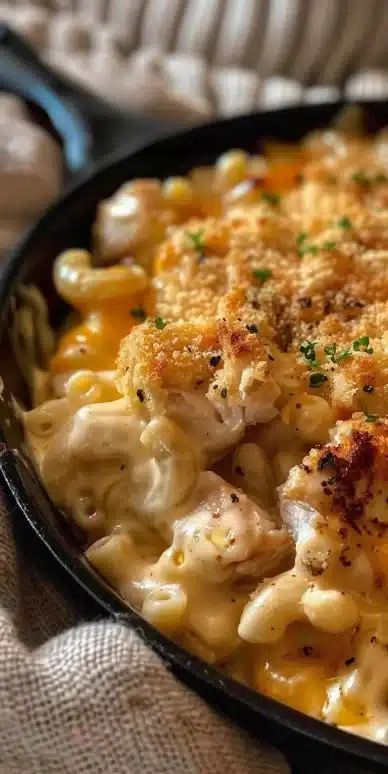 Delicious Honey Pepper Chicken Mac and Cheese served in a bowl