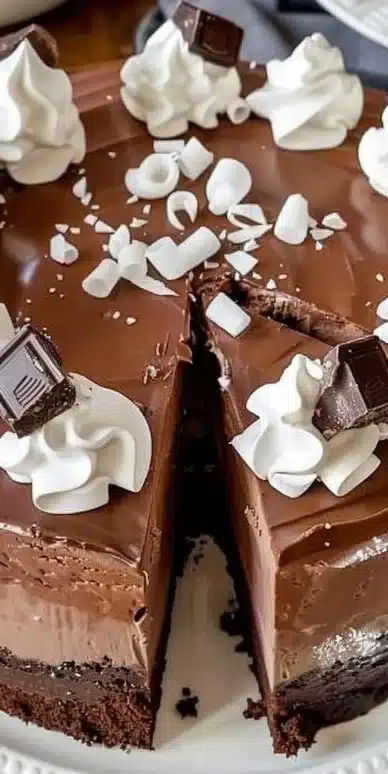 Decadent hot chocolate cheesecake topped with chocolate shavings and whipped cream