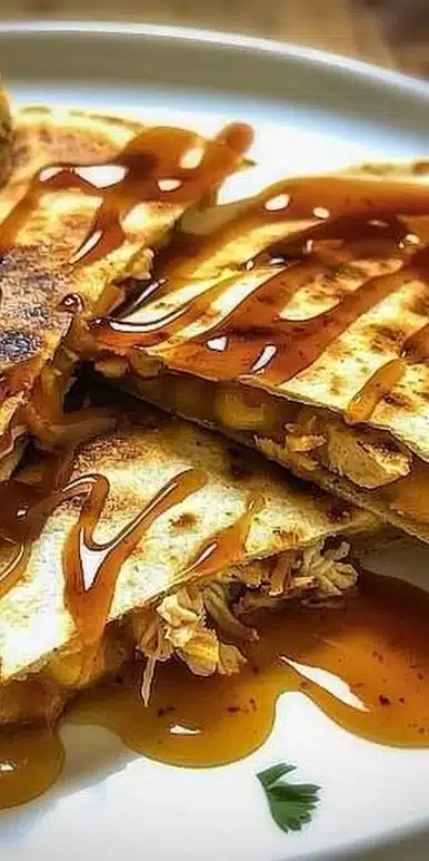 Hot Honey BBQ Chicken Quesadillas served with dipping sauce