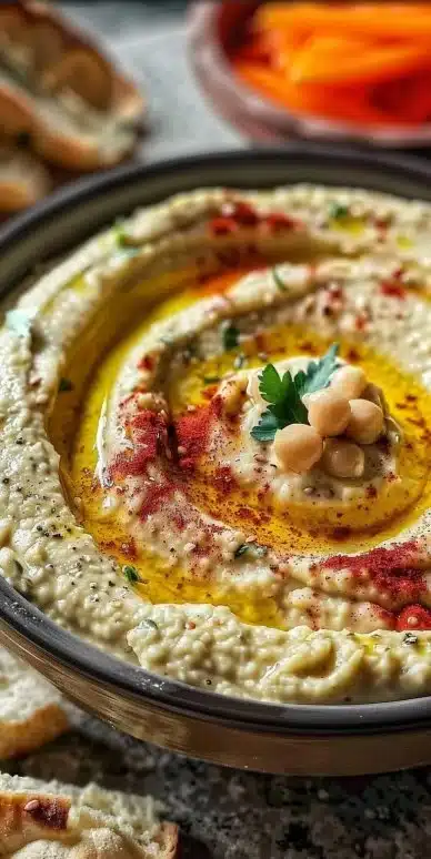 Delicious hummus recipe without tahini served with fresh vegetables