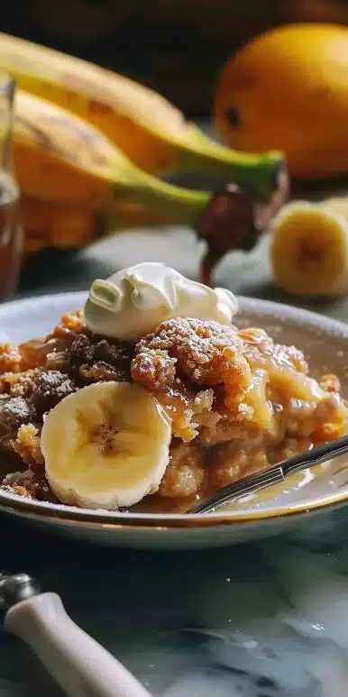 Delicious Bananas Foster Cobbler topped with warm bananas and caramel sauce