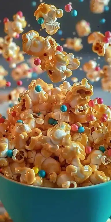 A bowl of irresistible Cupid Crunch Popcorn, colorful and delicious