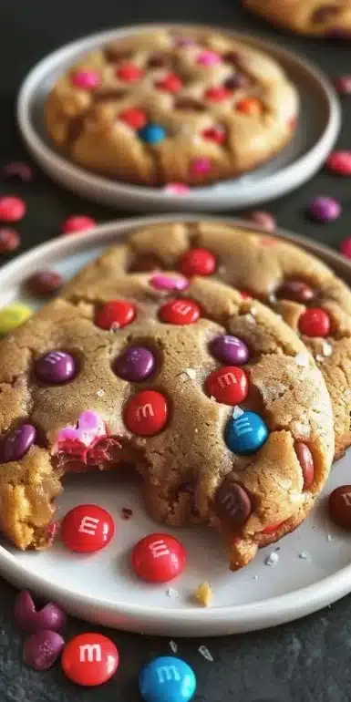Irresistibly sweet Valentine's Day M&M cookies on a decorative plate