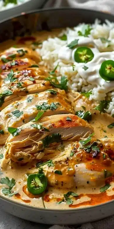 Creamy jalapeno chicken in a rich sauce served in a bowl
