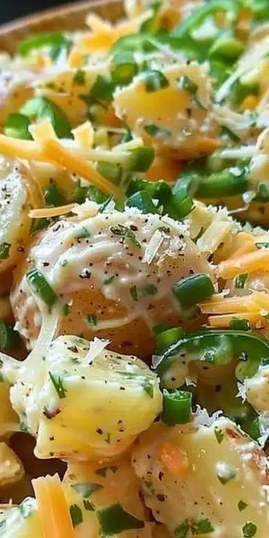 Creamy jalapeño popper potato salad with fresh herbs and cheese, garnished.