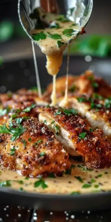 Juicy Chicken with Parmesan Crust and Garlic Sauce