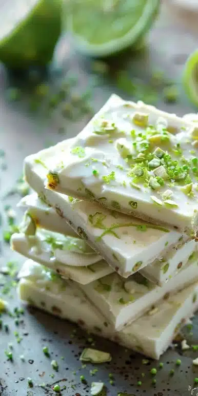 Key Lime Pie Yogurt Bark garnished with lime slices and yogurt drizzle