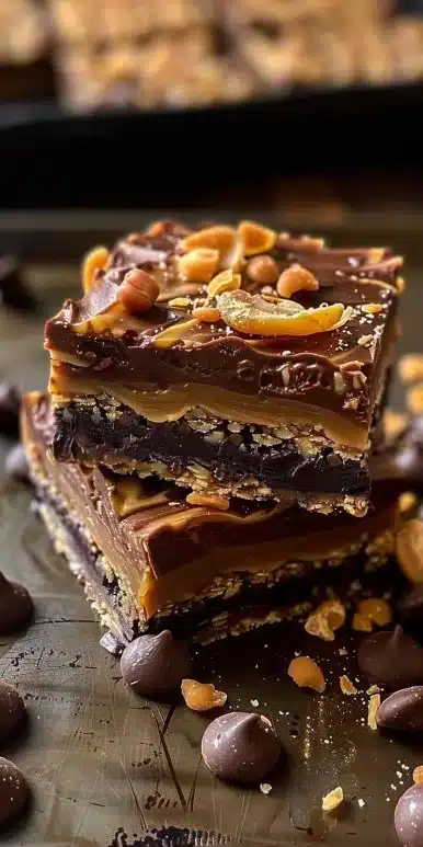 Delicious Knock You Naked Bars with five layers of chocolate and caramel