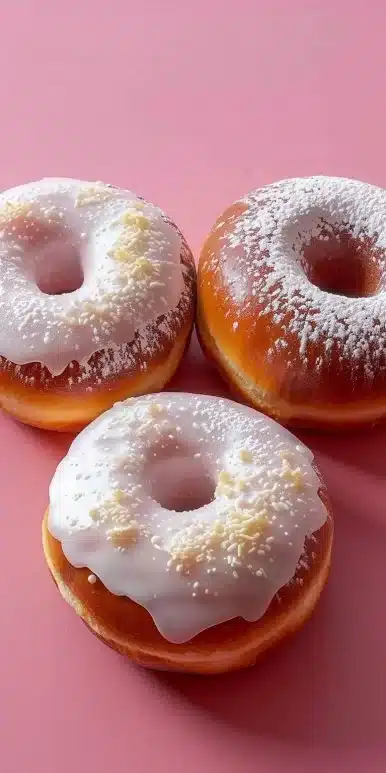 Delicious Korean Milk Cream Donuts topped with powdered sugar on a wooden table.