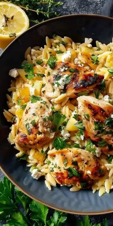 Lemon Feta Chicken Orzo with fresh herbs and vegetables