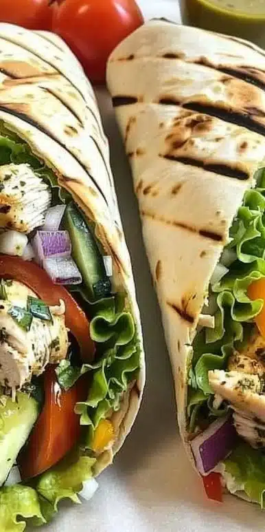 Mediterranean chicken wrap filled with fresh vegetables and herbs