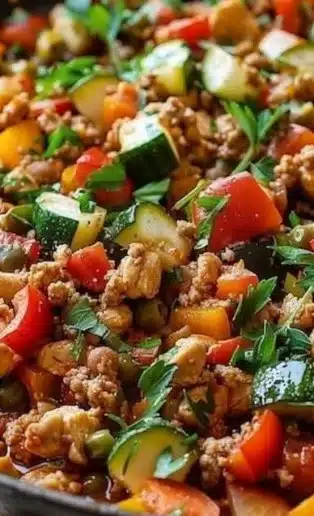 Mediterranean ground chicken skillet with fresh vegetables and spices