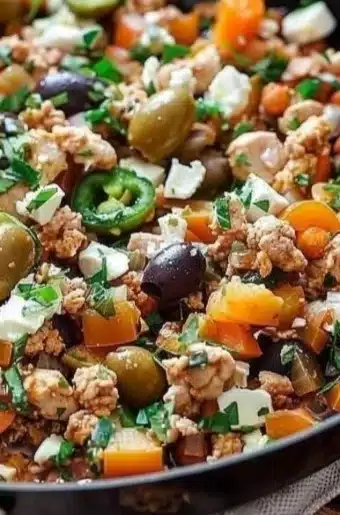 Mediterranean Keto Ground Chicken Skillet recipe in a colorful presentation.