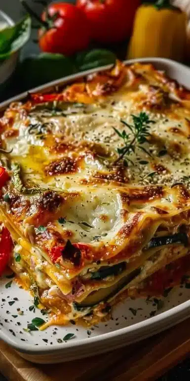 Mediterranean vegetable lasagna layered with fresh veggies and cheese