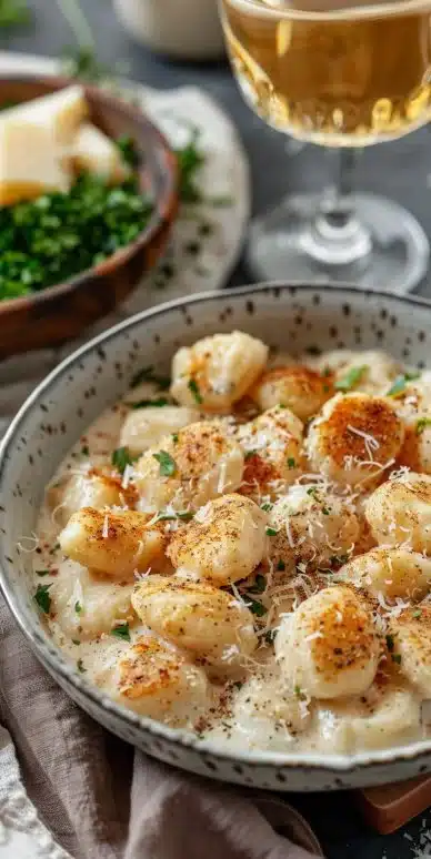 Plate of creamy Millionaire Gnocchi topped with herbs and parmesan cheese