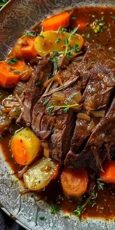 Delicious braised beef roast garnished with herbs on a serving platter