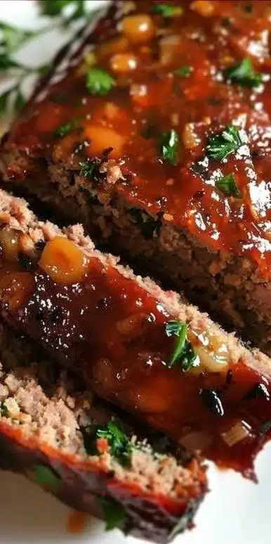 Delicious Garlic Parmesan Meatloaf ready to serve on a plate