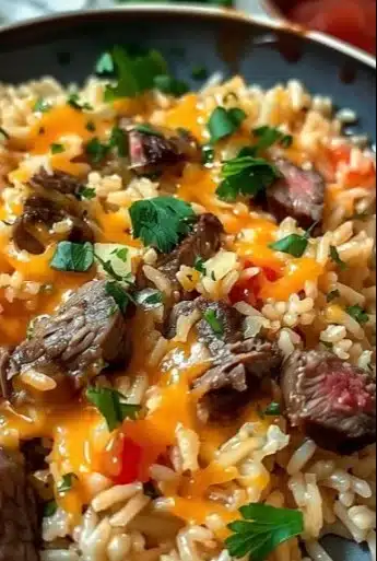 Delicious bowl of steak queso rice topped with cheese and fresh ingredients