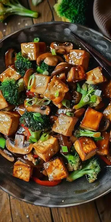 Colorful Mushroom and Tofu Stir-Fry served in a bowl