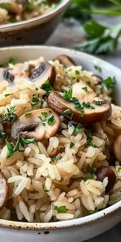 Delicious bowl of mushroom rice topped with fresh herbs and spices
