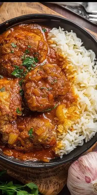 A vibrant plate of Nigerian Chicken Stew with spices and vegetables.