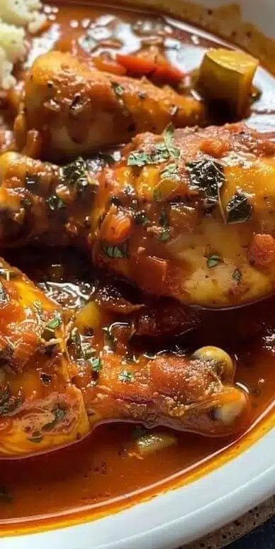 Bowl of Nigerian Chicken Stew with colorful vegetables and spices