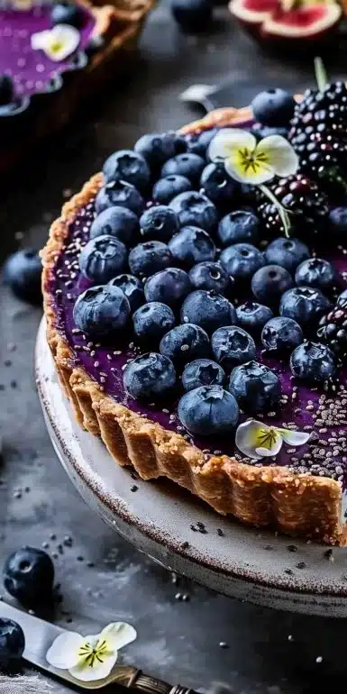 No-bake blueberry chia seed pie with fresh blueberries and chia seeds