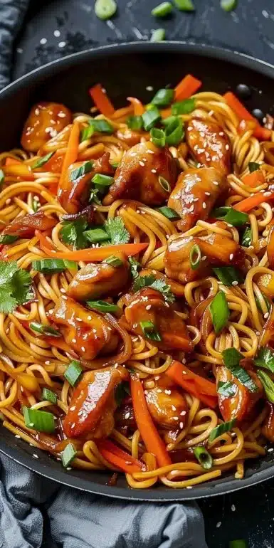 One Pan Teriyaki Chicken and Noodles served in a dish with vegetables
