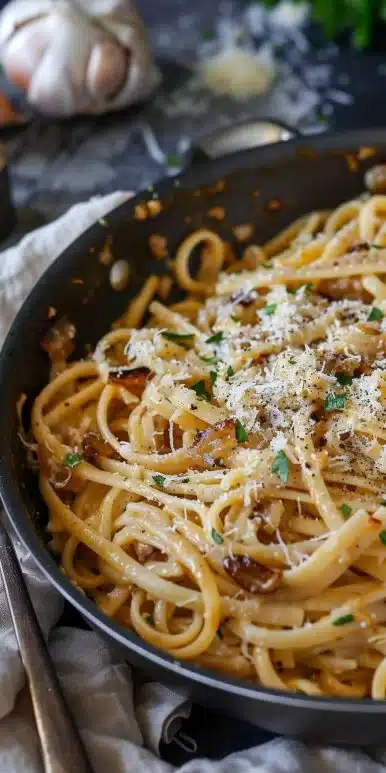 Delicious one pot French onion pasta served in a cozy bowl.