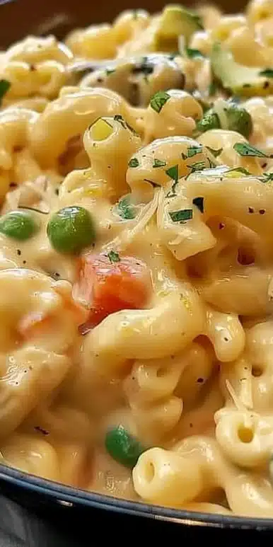 A creamy One Pot Veggie Mac and Cheese dish filled with colorful vegetables.