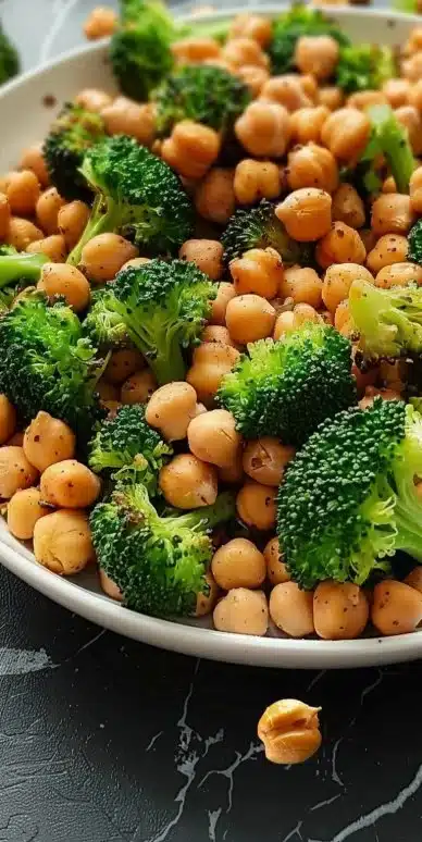 Oven-roasted chickpeas and broccoli dish ready to enjoy
